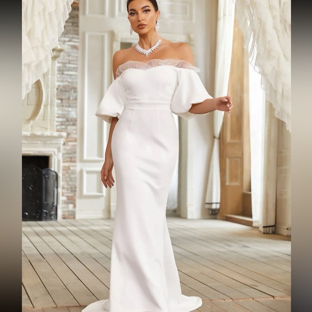 COPY - Off Shoulder Contrast Mesh Mermaid Hem Wedding Dress prom maxi dress bri…